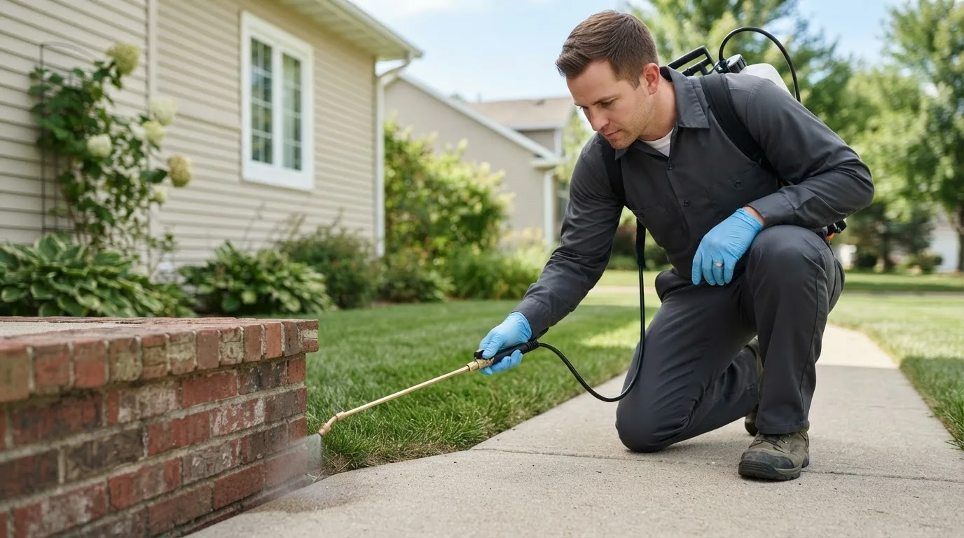 Pest control technician treating a home near Glenford, OH