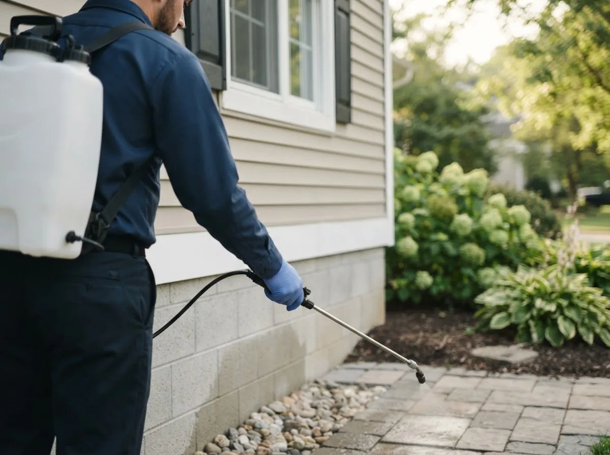 Pest control technician inspecting a home in Glenford, OH